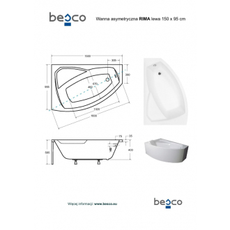BESCO vaňa RIMA 150 (1500x950 mm), ľavé prevedenie, bez nožičiek VANRIM150L
