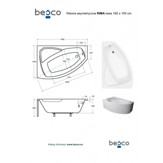 BESCO vaňa RIMA 160 (1600x1000 mm), ľavé prevedenie, bez nožičiek VANRIM160L