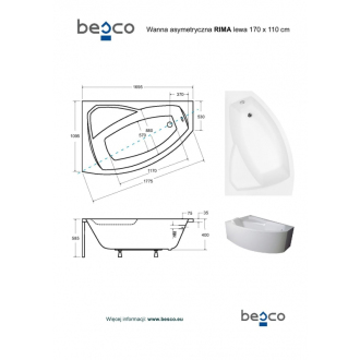 BESCO vaňa RIMA 170 (1700x1100 mm), pravé prevedenie, bez nožičiek VANRIM170L