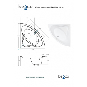 BESCO vaňa MIA 140 (1400x1400 mm), bez nožičiek VANMIA140