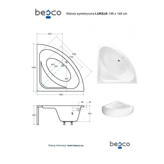 BESCO vaňa LUKSJA 148 (1480x1480 mm), bez nožičiek VANLUK150