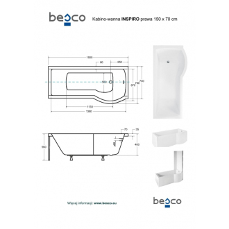 BESCO vaňa INSPIRO 150 1500x700 mm, vrátane vaňovej zásteny, pravé, bez nôh VANINSPIR150P