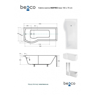 BESCO vaňa INSPIRO 170 1700x700 mm, vrátane vaňovej zásteny, pravé, bez nôh VANINSPIR170P