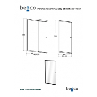 BESCO EASY SLIDE BLACK, vaňová zástena 100 × 150 cm, čierna farba, číre sklo BCEASL100BC