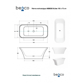 BESCO vaňa voľne stojaca ASSOS S-LINE 1600x700 mm, biela farba, liaty mramor VANASSL16W
