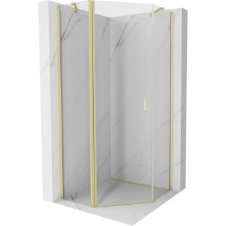 Sprchovací kút Mexen Mist s päťuholníkovým výklopným mechanizmom 90 x 90 cm, priehľadný, kartáčované zlato - 8A8-090-090-55-00