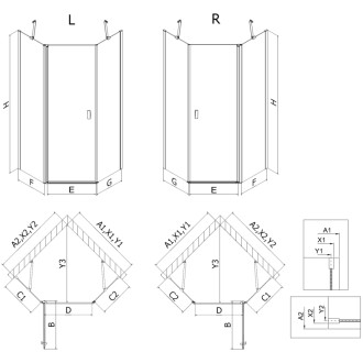 Mexen Mist päťuholníkový asymetrický výklopný sprchovací kút 90 x 80 cm, priehľadný, kartáčovaná meď - 8A8-090-080-65-00