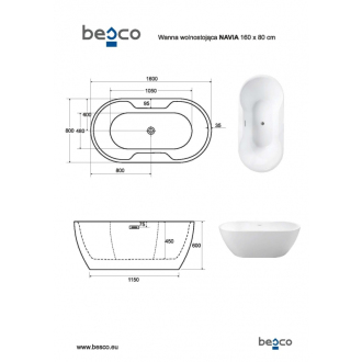 BESCO vaňa voľne stojaca NAVIA, 1500×800, biela, sifón chróm, sanitárny akrylát VANNAVIA150