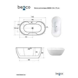 BESCO vaňa voľne stojaca NAVIA, 1500×800, biela, sifón chróm, sanitárny akrylát VANNAVIA150