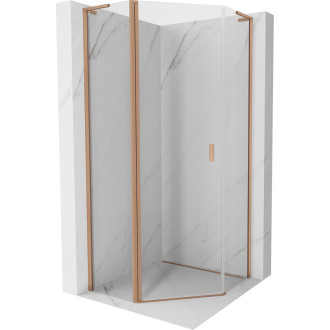 Sprchovací kút Mexen Mist L päťuholníkový výklopný 90 x 90 cm, priehľadný, kartáčovaná meď - 8A8L-090-090-65-00