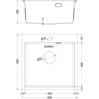 Jednodrezový oceľový drez Mexen Solix 500 x 500 mm, nerezová oceľ - 6407501000-01