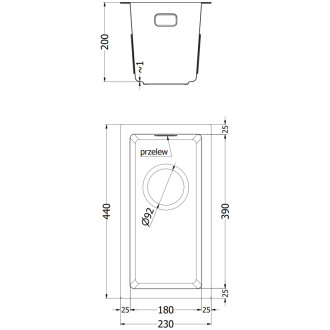 Jednodrezový oceľový drez Mexen Trixo 230 x 440 mm, čierny HC - 6411221000-70HC
