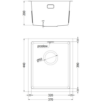 Jednodrezový oceľový drez Mexen Trixo 370 x 440 mm, čierny HC - 6412371000-70HC