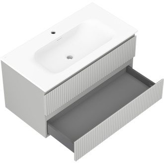 Kúpeľňová skrinka Mexen Rivel 90 cm s umývadlom Vela, 2 zásuvky, drážkovaná, matne šedá/matne biela - 91A20-09047-2-BFF62-W23M01