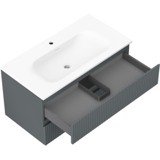 Kúpeľňová skrinka Mexen Rivel 90 cm s umývadlom Vela, 2 zásuvky, drážkovaná, grafit matný/biela matná - 91A20-09047-2-BFF66-W23M0