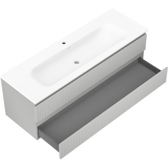 Kúpeľňová skrinka Mexen Rivel 140 cm s umývadlom Vela, 2 zásuvky, drážkovaná, matne šedá/matne biela - 91A20-14047-2-BFF62-W23M0