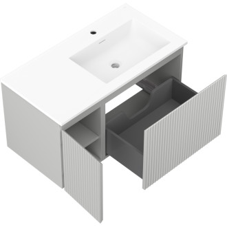 Kúpeľňová skrinka Mexen Rivel 90 cm s umývadlom Otis pravé, 1S, 1D, drážkovaná, matná šedá/matná biela - 91A23-09047-3-BBFF62-W18P01