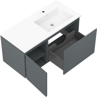 Kúpeľňová skrinka Mexen Rivel 100 cm s umývadlom Otis pravým, 1S, 1D, drážkovaná, grafit/matná biela - 91A23-10047-3-BBFF66-W18P01