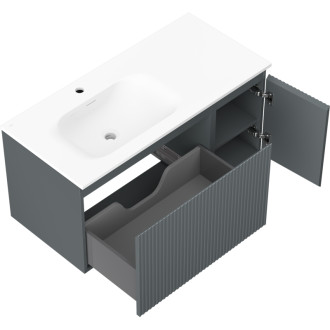 Kúpeľňová skrinka Mexen Rivel 100 cm s ľavým umývadlom Vela, 1S, 1D, drážkovaná, grafit matný/biela matná - 91A23-10047-3-BBFF66-W23L01