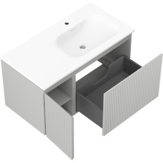 Kúpeľňová skrinka Mexen Rivel 90 cm s umývadlom Vela pravé, 1S, 1D, drážkovaná, matná šedá/matná biela - 91A23-09047-3-BBFF62-W23P01
