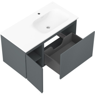 Kúpeľňová skrinka Mexen Rivel 90 cm s umývadlom Vela pravé, 1S, 1D, drážkovaná, grafit matný/biela matná - 91A23-09047-3-BBFF66-W23P01
