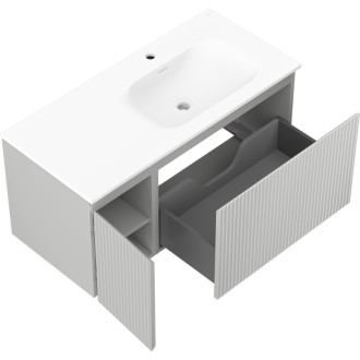 Kúpeľňová skrinka Mexen Rivel 100 cm s umývadlom Vela pravé, 1S, 1D, drážkovaná, matná šedá/matná biela - 91A23-10047-3-BBFF62-W23P01