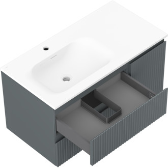 Kúpeľňová skrinka Mexen Rivel 90 cm s umývadlom Vela ľavým, 2S, 1D, drážkovaná, grafit matný/biela matná - 91A23-09047-3-BBFFF66-W23L01
