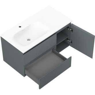 Kúpeľňová skrinka Mexen Rivel 90 cm s umývadlom Vela ľavým, 2S, 1D, drážkovaná, grafit matný/biela matná - 91A23-09047-3-BBFFF66-W23L01