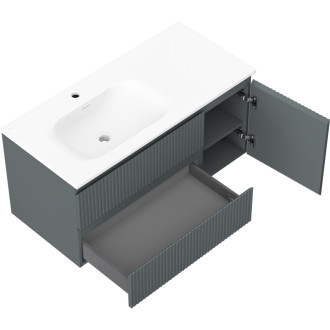Mexen Rivel kúpeľňová skrinka 100 cm s umývadlom Vela ľavým, 2S, 1D, drážkovaná, grafit/matná biela - 91A23-10047-3-BBFFF66-W23L01