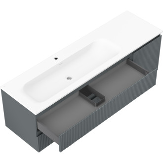 Mexen Rivel kúpeľňová skrinka 160 cm s umývadlom Vela ľavým, 2S, 1D, drážkovaná, grafit/matná biela - 91A23-16047-3-BBFFF66-W23L01