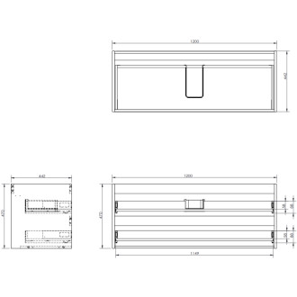 Mexen Rivel koupelnová skříňka pod umyvadlo 120 cm s pracovní deskou, 2 zásuvky, drážkovaná, matně černá - 91A20-12047-2-BFFC71