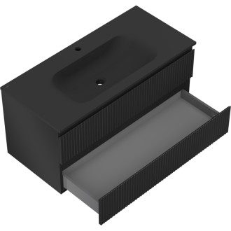 Koupelnová skříňka Mexen Rivel 100 cm s umyvadlem Vela, 2 zásuvky, drážkovaná, matná černá - 91A20-10047-2-BFF71-W23M71