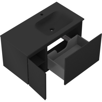 Mexen Rivel koupelnová skříňka 90 cm s umyvadlem Vela pravá, 1S, 1D, drážkovaná, matná černá - 91A23-09047-3-BBFF71-W23P71