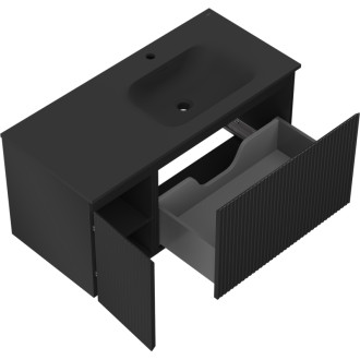 Koupelnová skříňka Mexen Rivel 100 cm s umyvadlem Vela pravá, 1S, 1D, drážkovaná, matná černá - 91A23-10047-3-BBFF71-W23P71