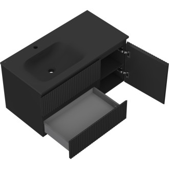 Mexen Rivel koupelnová skříňka 90 cm s umyvadlem Vela levým, 2S, 1D, drážkovaná, matná černá - 91A23-09047-3-BBFFF71-W23L71