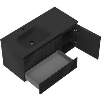 Mexen Rivel koupelnová skříňka 100 cm s umyvadlem Vela levým, 2S, 1D, drážkovaná, matná černá - 91A23-10047-3-BBFFF71-W23L71
