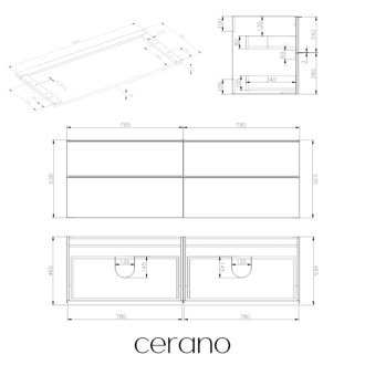 CERANO - Kúpeľňová skrinka pod umývadlo s úchytkou/doskou pod umývadlo Velora - 36 mm - biela matná, zlatá úchytka - 158x53x45, 2 cm