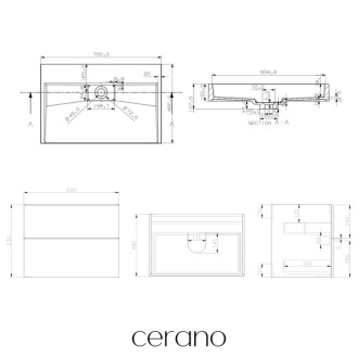 CERANO - Kúpeľňová skrinka Carole - betónovo šedá + umývadlo z lit. mramoru Vita - biela matná - 70x58x46 cm