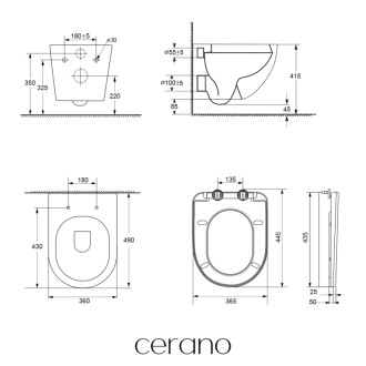 CERANO - Kompletný podomietkový WC set Lite/Cesso - biela lesklá - WC tlačidlo Slim, čierne matné - na zamurovanie - 49x36 cm
