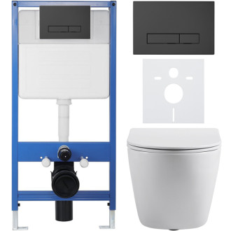 CERANO - Kompletný podomietkový WC set Lite/Cesso - biela lesklá - WC tlačidlo Slim, čierne matné - predstenová inštalácia / sadrokartón - 49x36 cm