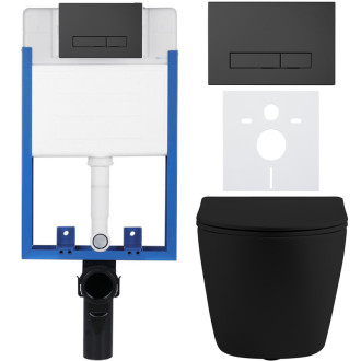 CERANO - Kompletný podomietkový WC set Lite/Cesso - čierna matná - WC tlačidlo Slim, čierne matné - na zamurovanie - 49x36 cm