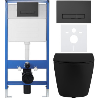 CERANO - Kompletný podomietkový WC set Lite/Cesso - čierna matná - WC tlačidlo Slim, čierne matné - predstenová inštalácia / sadrokartón - 49x36 cm