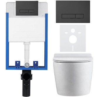 CERANO - Kompletný podomietkový WC set Lite/Felci - biela lesklá - WC tlačidlo Slim, čierne matné - na zamurovanie - 52,5x36 cm