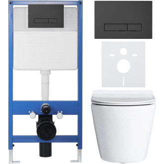 CERANO - Kompletný podomietkový WC set Lite/Norbi - biela lesklá - WC tlačidlo Slim, čierne matné - predstenová inštalácia / sadrokartón - 48,5x36,5 c