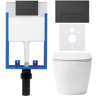 CERANO - Kompletný podomietkový WC set Lite/Verde - biela lesklá - WC tlačidlo Slim, čierne matné - na zamurovanie - 49x36 cm