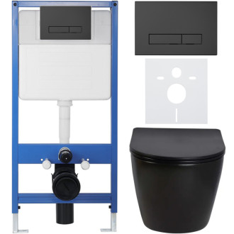 CERANO - Kompletný podomietkový WC set Lite/Verde - čierna lesklá - WC tlačidlo Slim, čierne matné - predstenová inštalácia / sadrokartón - 49x36 cm