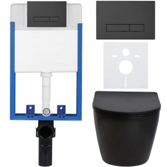 CERANO - Kompletný podomietkový WC set Lite/Verde - čierna matná - WC tlačidlo Slim, čierne matné - na zamurovanie - 49x36 cm