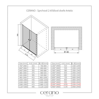 CERANO - Sprchové 2-krídlové dvere Antelo L/P - 6 mm - čierna matná, transparentné sklo - 220x190 cm