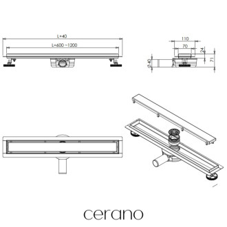CERANO - Sprchový odtokový žľab, sifón otočný 360 ° - dizajn 2v1 - nerez - DN40 - čierna matná - 114 cm