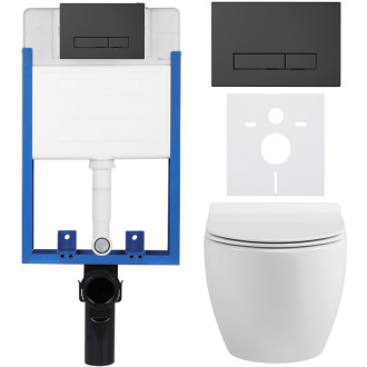 CERANO - Kompletný WC set Profi/Dure - biela lesklá - WC tlačidlo Slim/Čierna matná - na zamurovanie - 51x35 cm